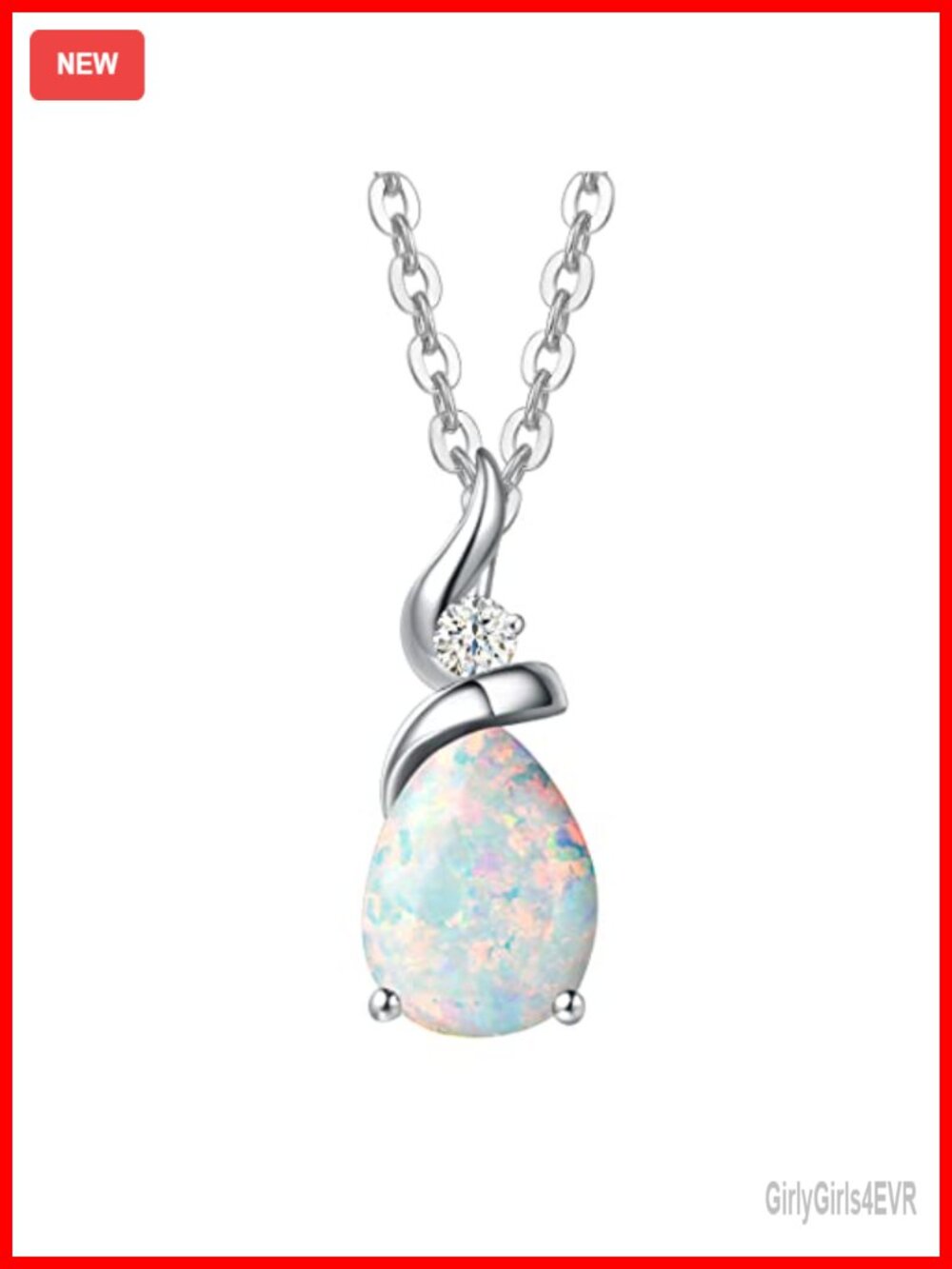 14K Solid White Gold Opal Teardrop Pendant Necklace Sterling Silver Chain